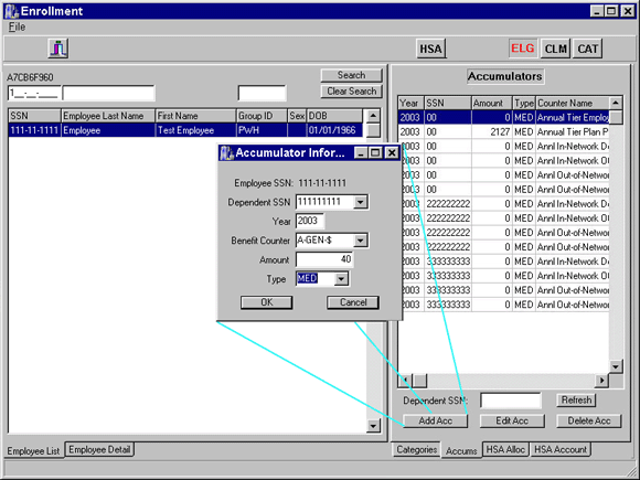 This screen shows the accumulators for the selected employee.  To view or edit a specific accumulator, select one and click on the Edit button.  The accumulator edit/view screen will be shown.