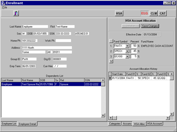 On the left, the employee detail tab shows all known employee and dependent information.  The right side shows the HSA Alloc tab.  This is the definition of how the money in an HSA account is invested before it goes to pay for medical claims.