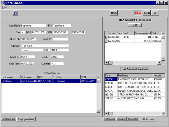 On the left, the employee detail tab shows all known employee and dependent information.  The right side shows HSA transaction history and the current employee balance of all selected funds.