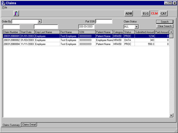 This is the claims search screen.  You can search by Claim number, Employee Last Name,  Employee SSN, Claim Status, and Patient SSN.