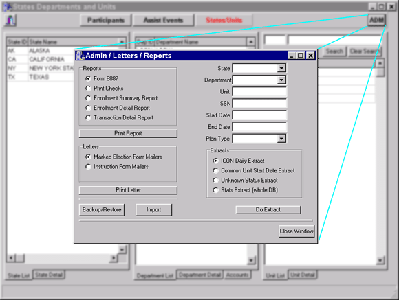 By clicking on the ADM tab in any screen the operator then has the ability to print checks, letters, reports, backup/restore the database, and import/export data.